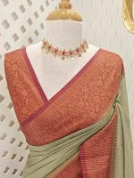 Tissue silk with micro-check woven body and contrast floral-vein zari border - Image 7