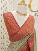 Tissue silk with micro-check woven body and contrast floral-vein zari border - Image 8