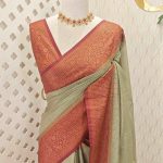 Tissue silk with micro-check woven body and contrast floral-vein zari border
