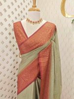 Tissue silk with micro-check woven body and contrast floral-vein zari border
