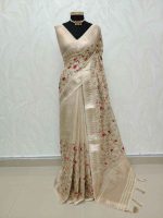 Tissue with geometric zari border and multicolour floral embroidered body - Image 3