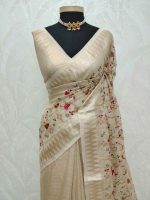 Tissue with geometric zari border and multicolour floral embroidered body - Image 2
