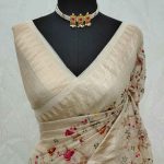 Tissue with geometric zari border and multicolour floral embroidered body