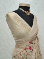 Tissue with geometric zari border and multicolour floral embroidered body - Image 4