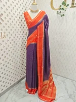 Viscose with contrast border and small zari check on the body with contrast zari woven blouse. - Image 24
