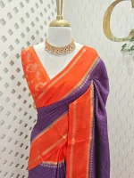 Viscose with contrast border and small zari check on the body with contrast zari woven blouse. - Image 22