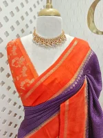 Viscose with contrast border and small zari check on the body with contrast zari woven blouse. - Image 23