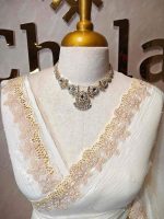 Crushed silk with floral thread work and cut work on borde - Image 2
