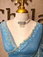 Crushed silk with floral thread work and cut work on borde - Image 4