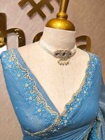 Crushed silk with floral thread work and cut work on borde - Image 5