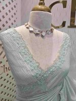 Crushed silk with floral thread work and cut work on borde - Image 7