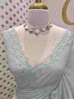 Crushed silk with floral thread work and cut work on borde - Image 8