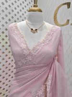 Crushed silk with floral thread work and cut work on borde - Image 10