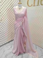 Crushed silk with floral thread work and cut work on borde - Image 12