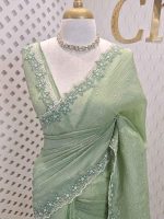 Crushed silk with floral thread work and cut work on borde - Image 37