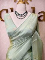 Tissue silk saree with plain body and elegant leaf motifs blouse - Image 5