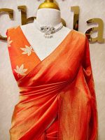 Tissue silk saree with plain body and elegant leaf motifs blouse - Image 8