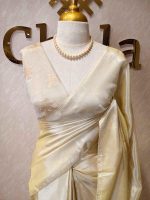 Tissue silk saree with plain body and elegant leaf motifs blouse - Image 10