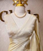 Tissue silk saree with plain body and elegant leaf motifs blouse - Image 11