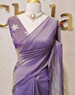 Tissue silk saree with plain body and elegant leaf motifs blouse - Image 17