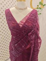 Net saree with sequins and beads vein like line pattern