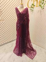 Net saree with sequins and beads vein like line pattern - Image 3