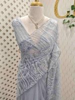 Net saree with sequins and beads vein like line pattern - Image 4