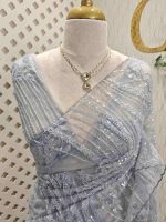 Net saree with sequins and beads vein like line pattern - Image 5
