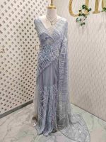 Net saree with sequins and beads vein like line pattern - Image 6