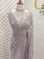 Net saree with sequins and beads vein like line pattern - Image 7