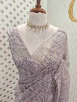Net saree with sequins and beads vein like line pattern - Image 8