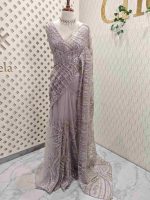 Net saree with sequins and beads vein like line pattern - Image 9