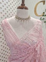 Net saree with sequins and beads vein like line pattern - Image 11