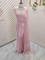Net saree with sequins and beads vein like line pattern - Image 12