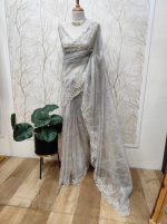 Organza With White Sugar Beads And Cut Beads Work - Image 3