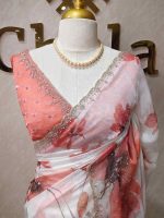 Georgette saree with scattered floral motifs on body decorated with sticky stones and scalloped boarder - Image 8