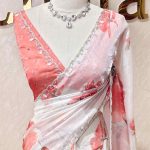 Georgette with contrast large flower print decorated with beads and scalloped boarder
