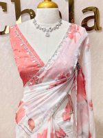 Georgette with contrast large flower print decorated with beads and scalloped boarder