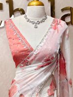 Georgette with contrast large flower print decorated with beads and scalloped boarder - Image 2