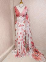Georgette with contrast large flower print decorated with beads and scalloped boarder - Image 3