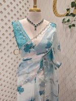Georgette with contrast large flower print decorated with beads and scalloped boarder - Image 4