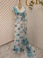 Georgette with contrast large flower print decorated with beads and scalloped boarder - Image 6