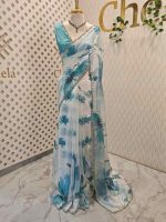 Georgette with large floral motifs on the pallu and body with beads and sequins - Image 3
