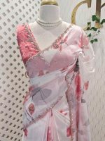 Georgette with large floral motifs on the pallu and body with beads and sequins - Image 4