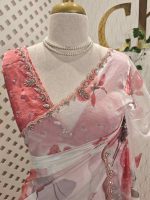 Georgette with large floral motifs on the pallu and body with beads and sequins - Image 5