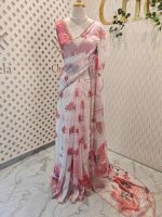 Georgette with large floral motifs on the pallu and body with beads and sequins - Image 6