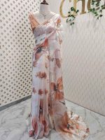 Georgette with large floral motifs on the pallu and body with beads and sequins - Image 9