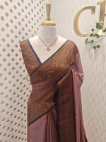 Tissue silk with small check pattern and contrast leaf and flower design on border - Image 4