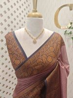 Tissue silk with small check pattern and contrast leaf and flower design on border - Image 5