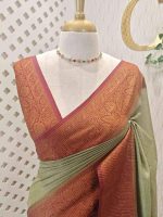 Tissue silk with small check pattern and contrast leaf and flower design on border - Image 8